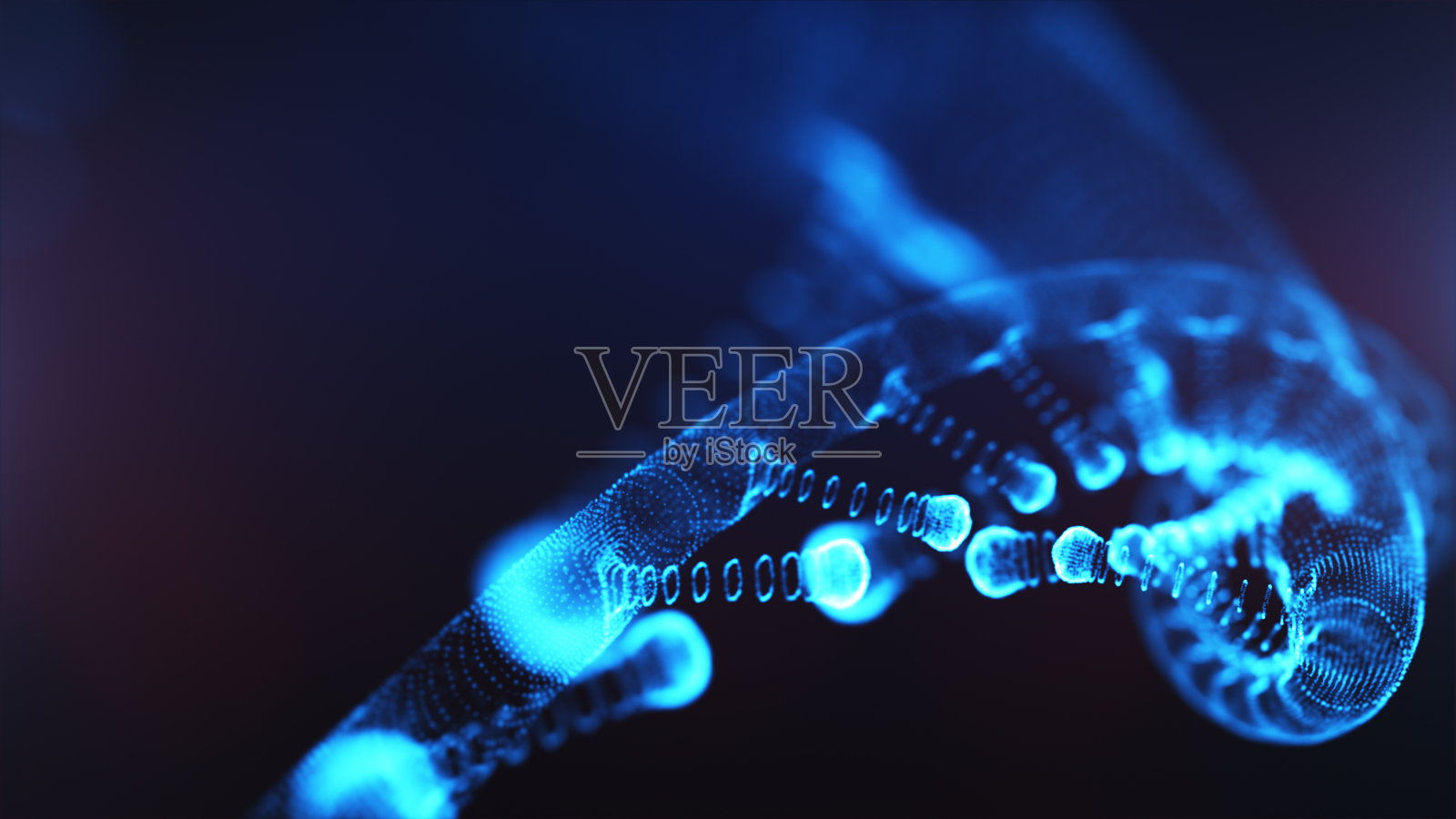 一个颗粒3D渲染DNA在蓝色散焦背景。照片摄影图片