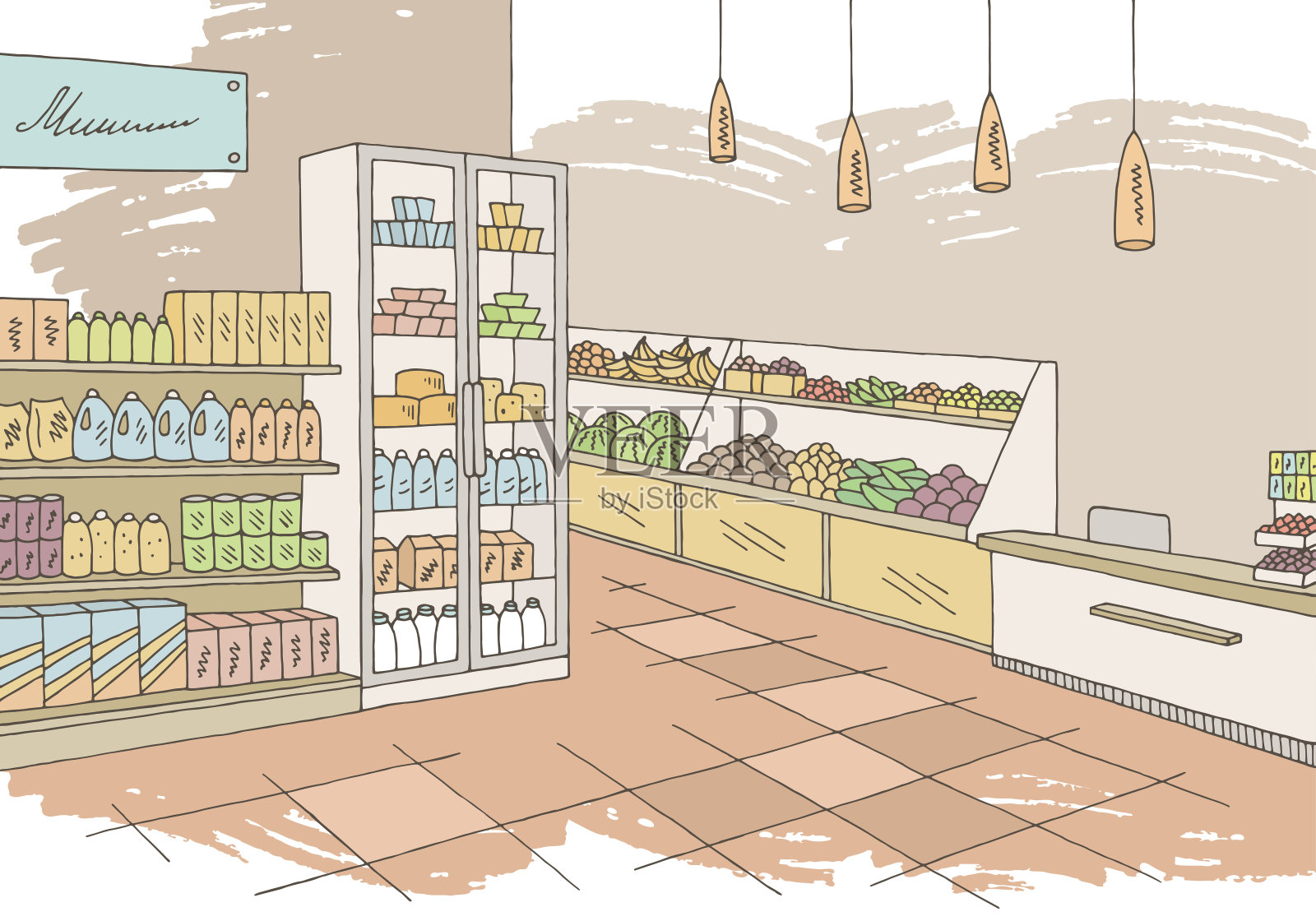 杂货店商店内部颜色图形素描插图向量插画图片素材