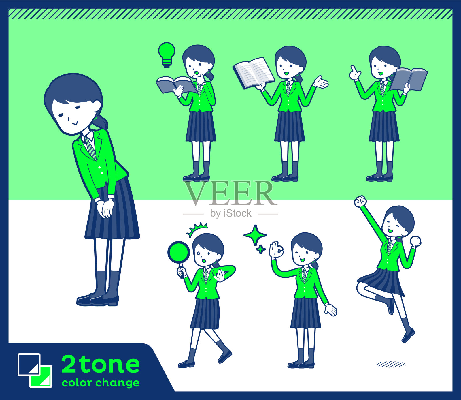 2色调类型学校女孩绿色Blazer_set 05插画图片素材