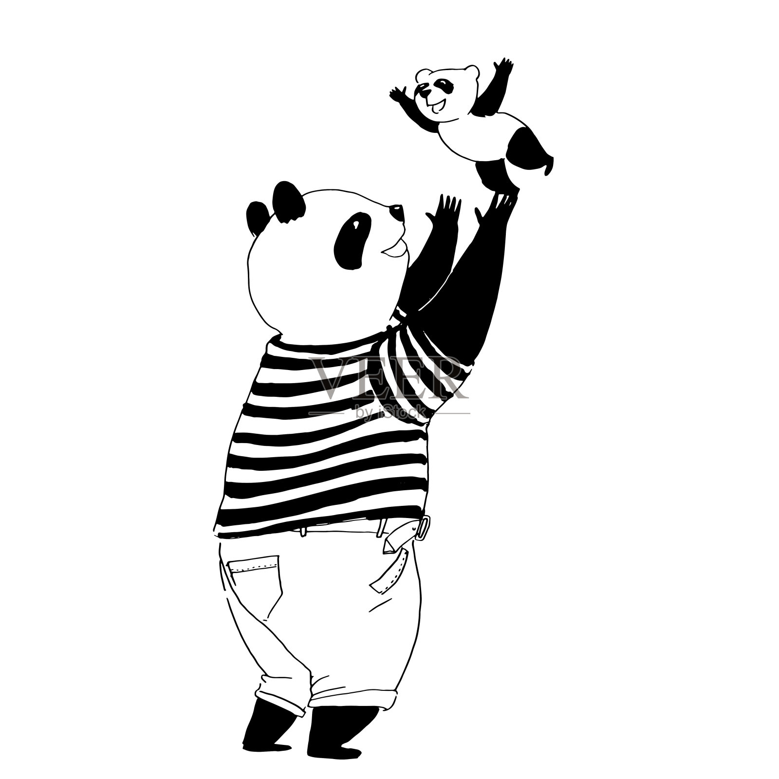 矢量黑白插图着色书。穿着黑白t恤的熊猫爸爸一边在空中吐着他的熊猫小儿子一边笑插画图片素材