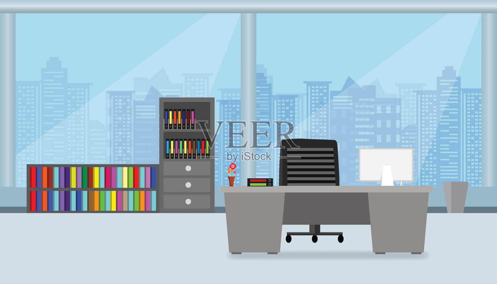 办公室内用电脑屏幕平放在桌面上设计和建筑在城市的蓝色背景矢量图插画图片素材