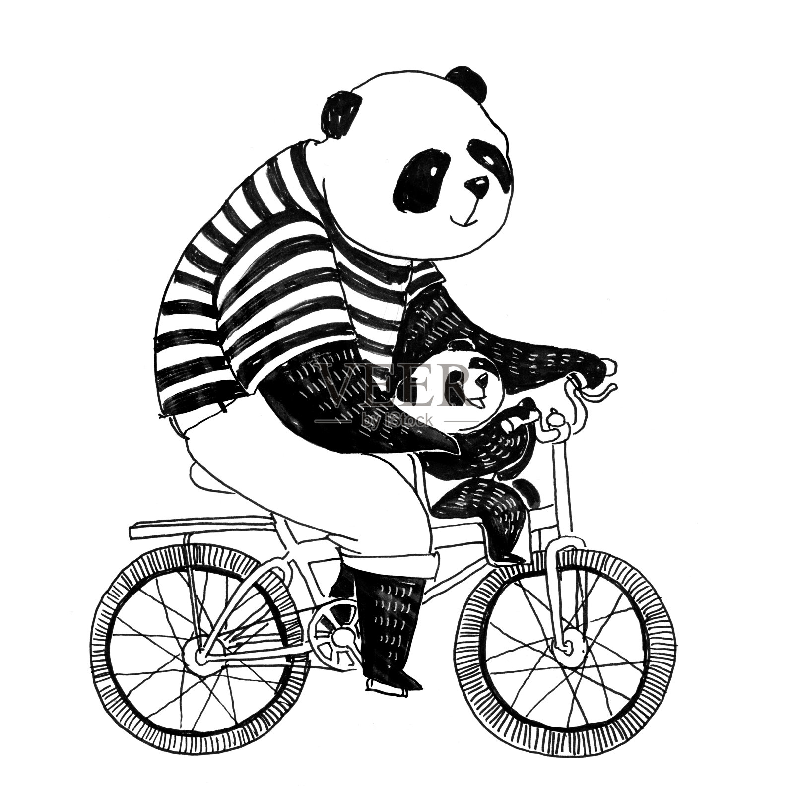 钢笔黑白插图着色书。熊猫爸爸穿着黑白t恤和他的小熊猫骑着自行车插画图片素材