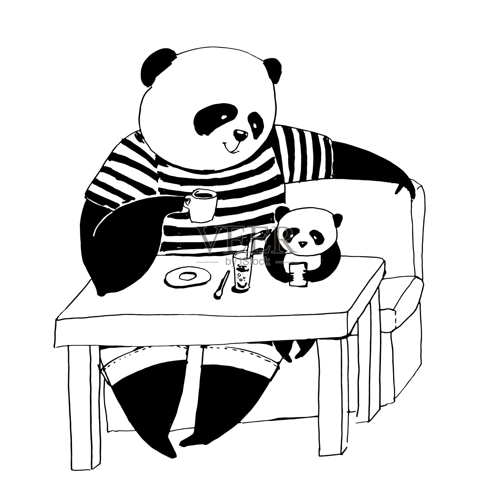 矢量黑白插图着色书。穿着黑白t恤的熊猫爸爸坐在咖啡厅里，和玩智能手机的熊猫小儿子一起喝咖啡插画图片素材