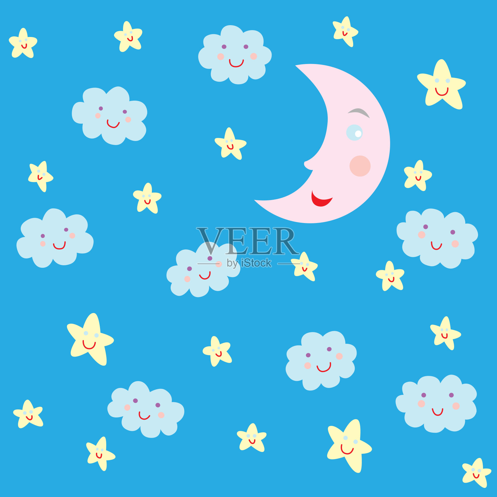 月亮，云彩和星星的无缝图案插画图片素材