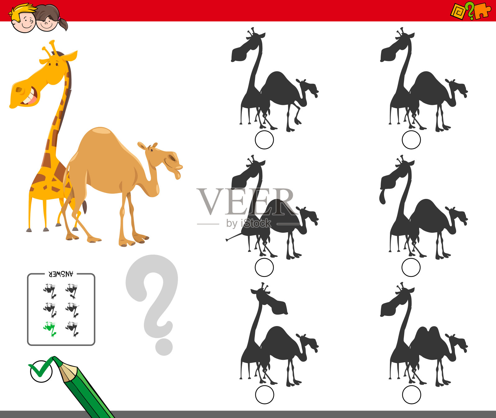阴影活动游戏与长颈鹿和骆驼插画图片素材