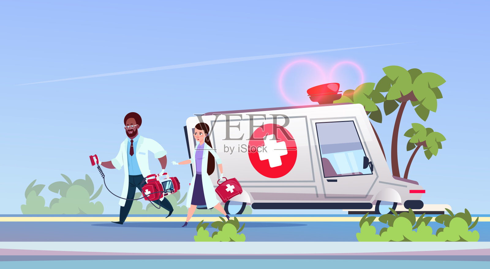 从救护车上跑出来的医护人员小组在道路上紧急救援服务第一医疗援助概念插画图片素材