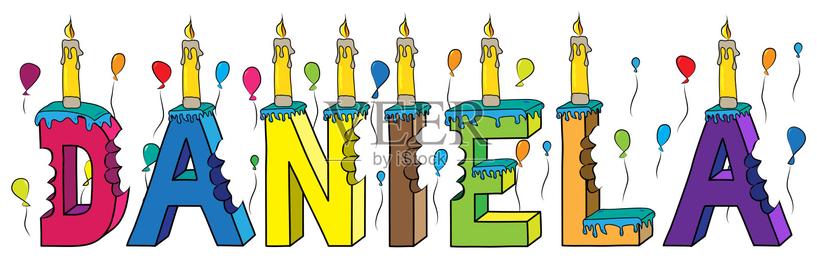 丹妮拉女名咬彩色3d字母生日蛋糕蜡烛和气球设计元素图片