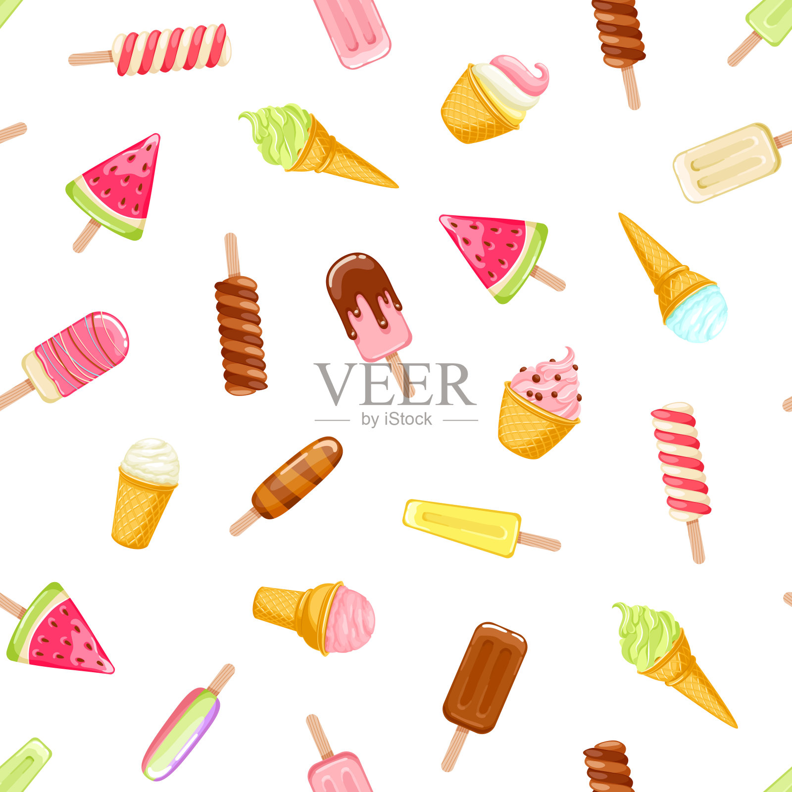 彩色冰淇淋、冰棒和蛋卷无缝图案插画图片素材