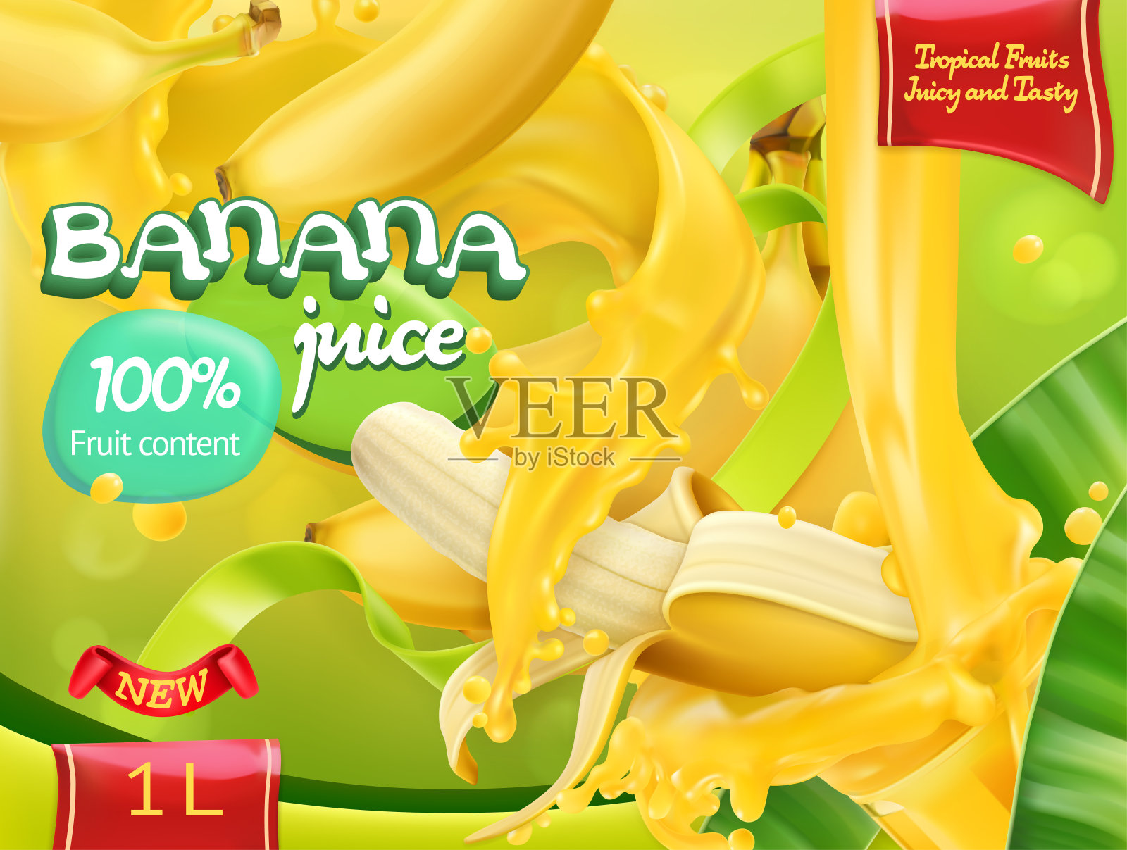 香蕉汁。甜蜜的热带水果。三维现实向量，包装设计设计模板素材