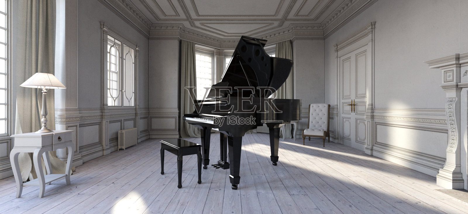 法国城堡里的大钢琴照片摄影图片