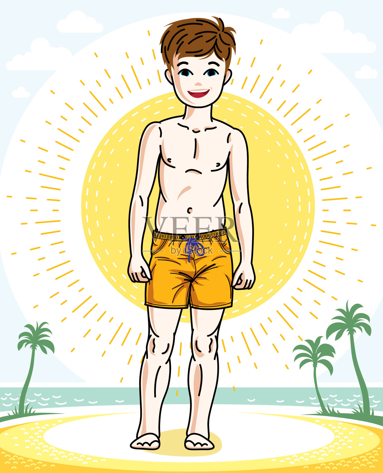 孩子年轻男孩可爱的站着穿着时尚的沙滩短裤。矢量插图。剪纸艺术时尚主题。插画图片素材