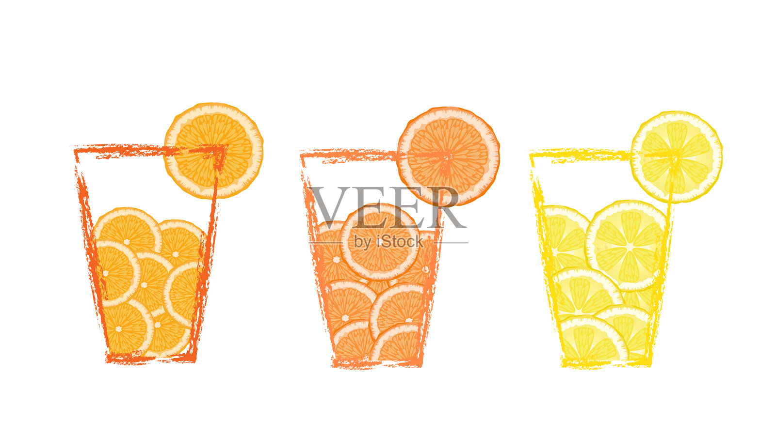 一套水果饮料与橙，柚子，柠檬，柑橘日饮食，插画图片素材