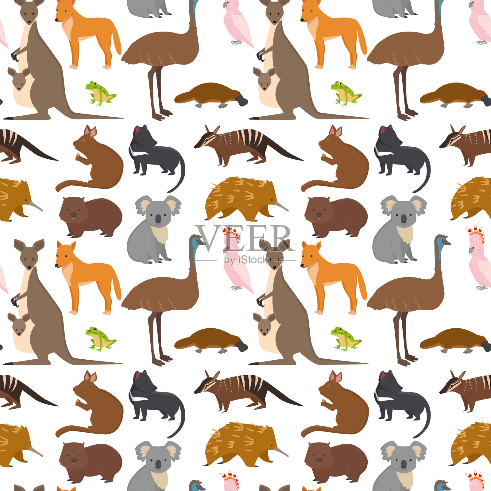 澳大利亚野生动物卡通流行的自然人物无缝图案背景平面风格的哺乳动物收集矢量插图插画图片素材
