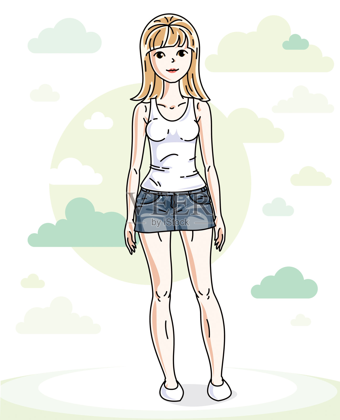 美丽的年轻的金发女子站在自然背景与蓝天和云彩。向量的性格。插画图片素材