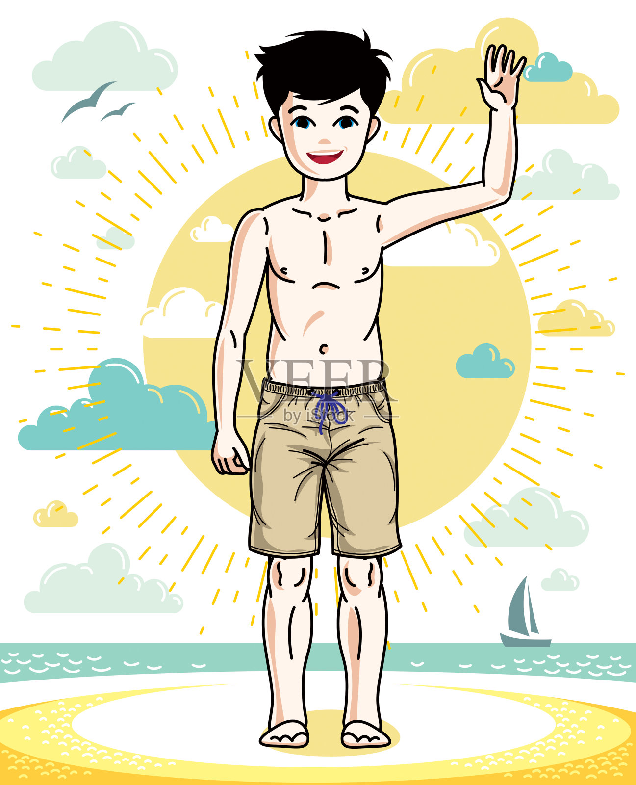 可爱的小男孩穿着时尚的沙滩短裤站在那里。矢量美丽的人类插图。时尚生活主题卡通。插画图片素材