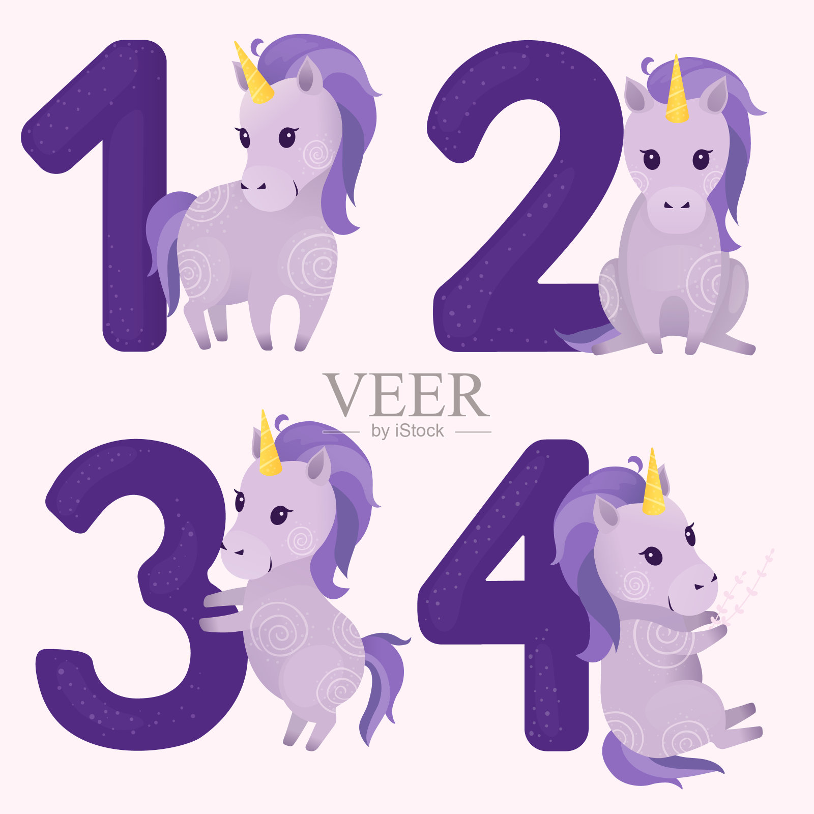 一套可爱的紫罗兰独角兽和数字矢量插图:一，二，三，四。设计元素图片