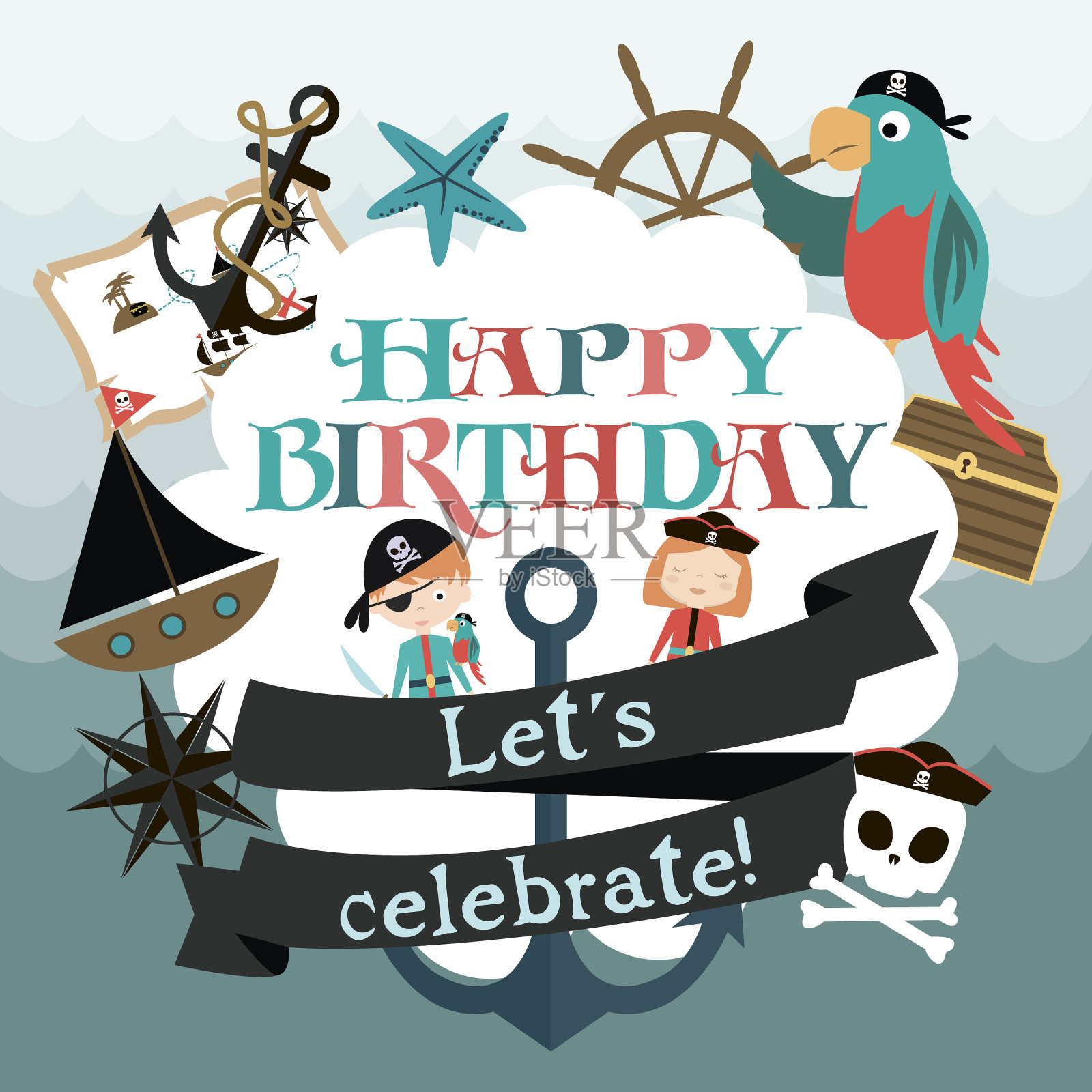 海盗派对的生日贺卡插画图片素材