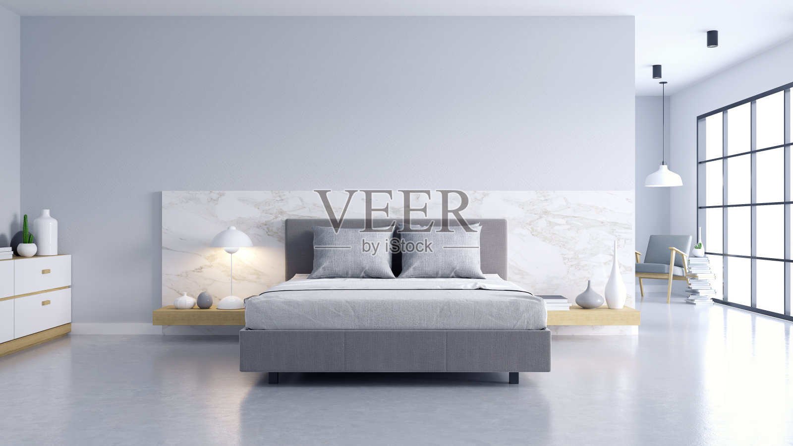 卧室和现代阁楼风格。舒适的白色和灰色房间极简概念，床与抛光混凝土地板和白色墙壁，3d渲染照片摄影图片