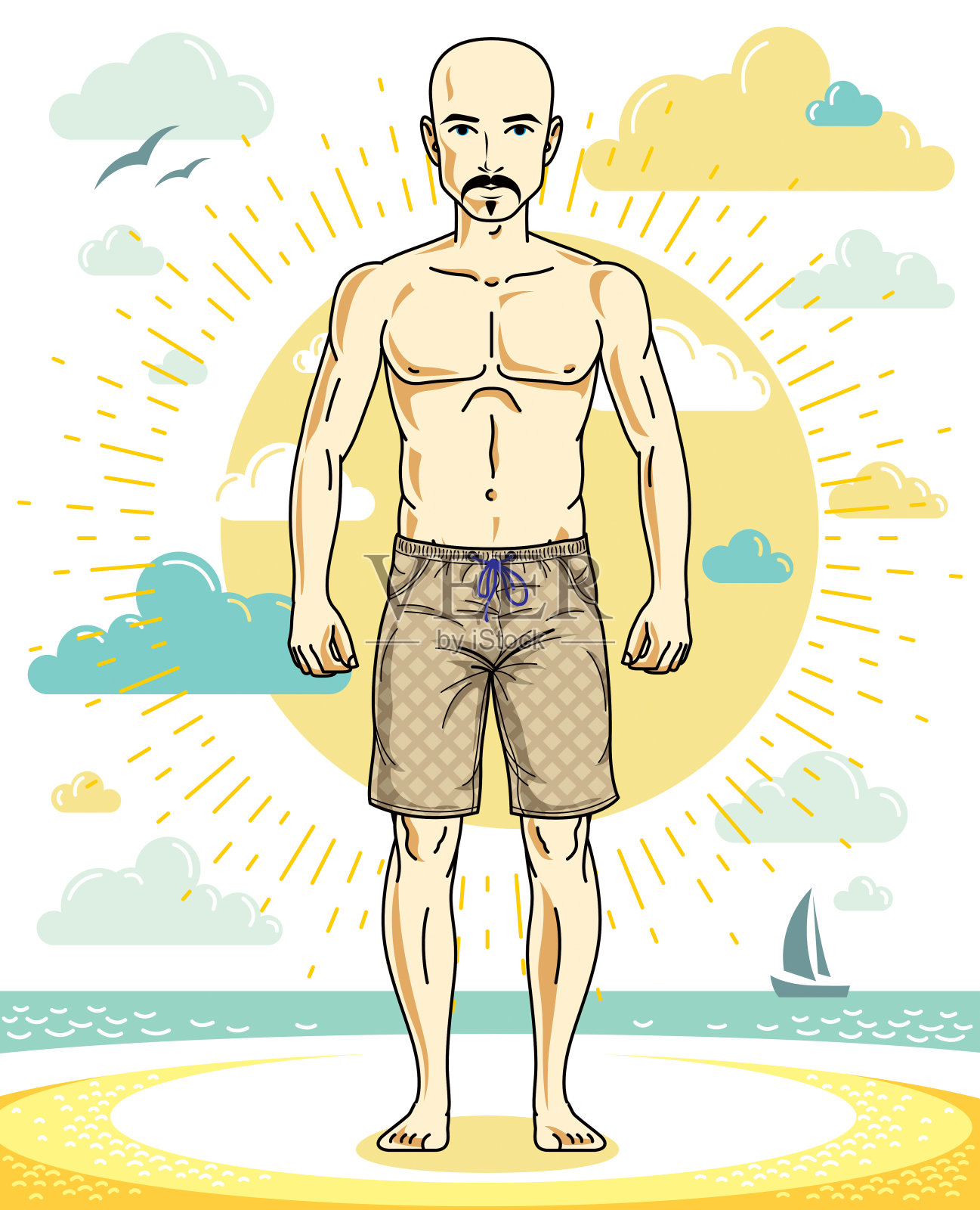 英俊的秃顶成年男子与时髦的胡子和小胡子站在热带海滩上，在明亮的短裤。向量很好和运动男子插图。夏季主题的剪纸艺术。插画图片素材