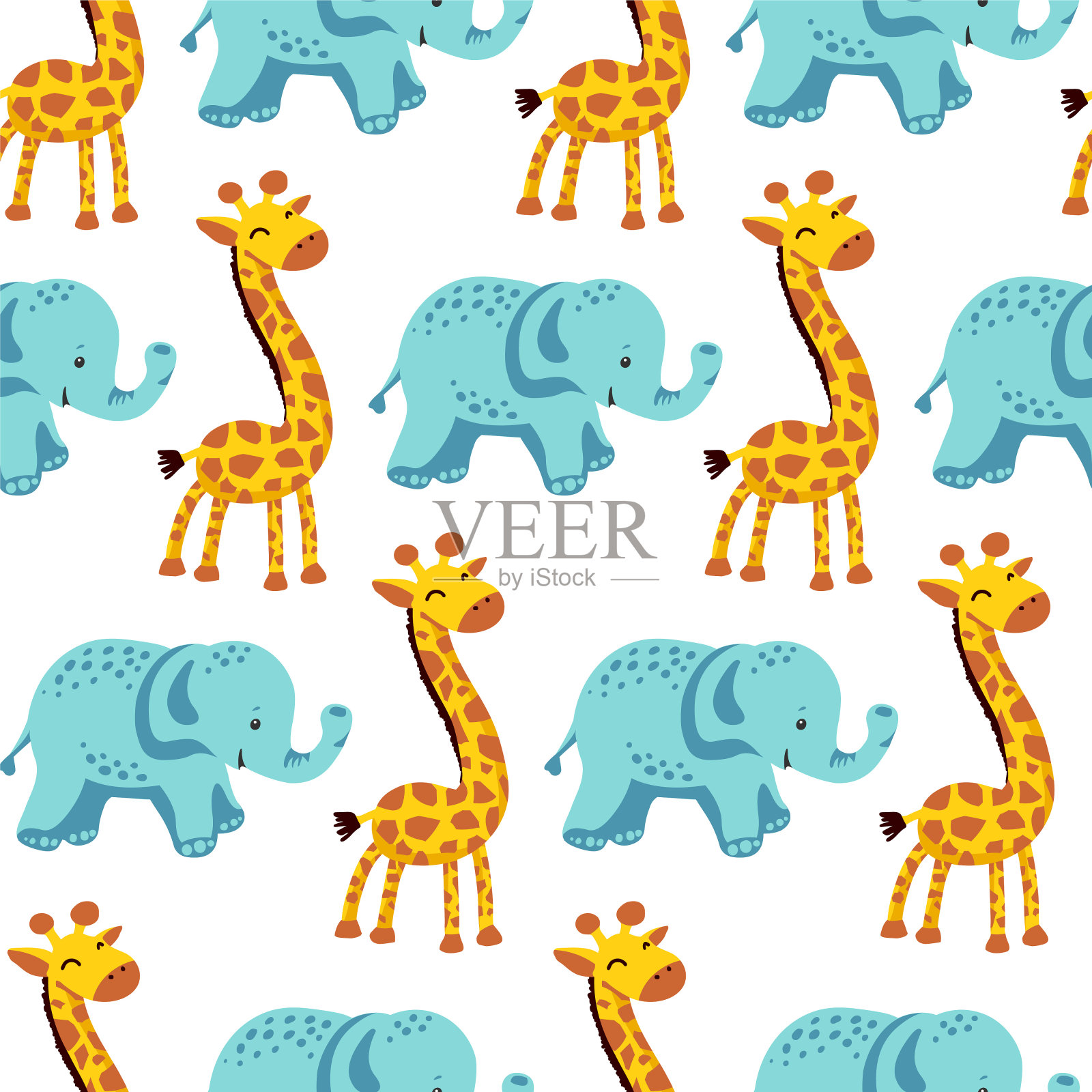 平无缝图案与长颈鹿和大象插画图片素材