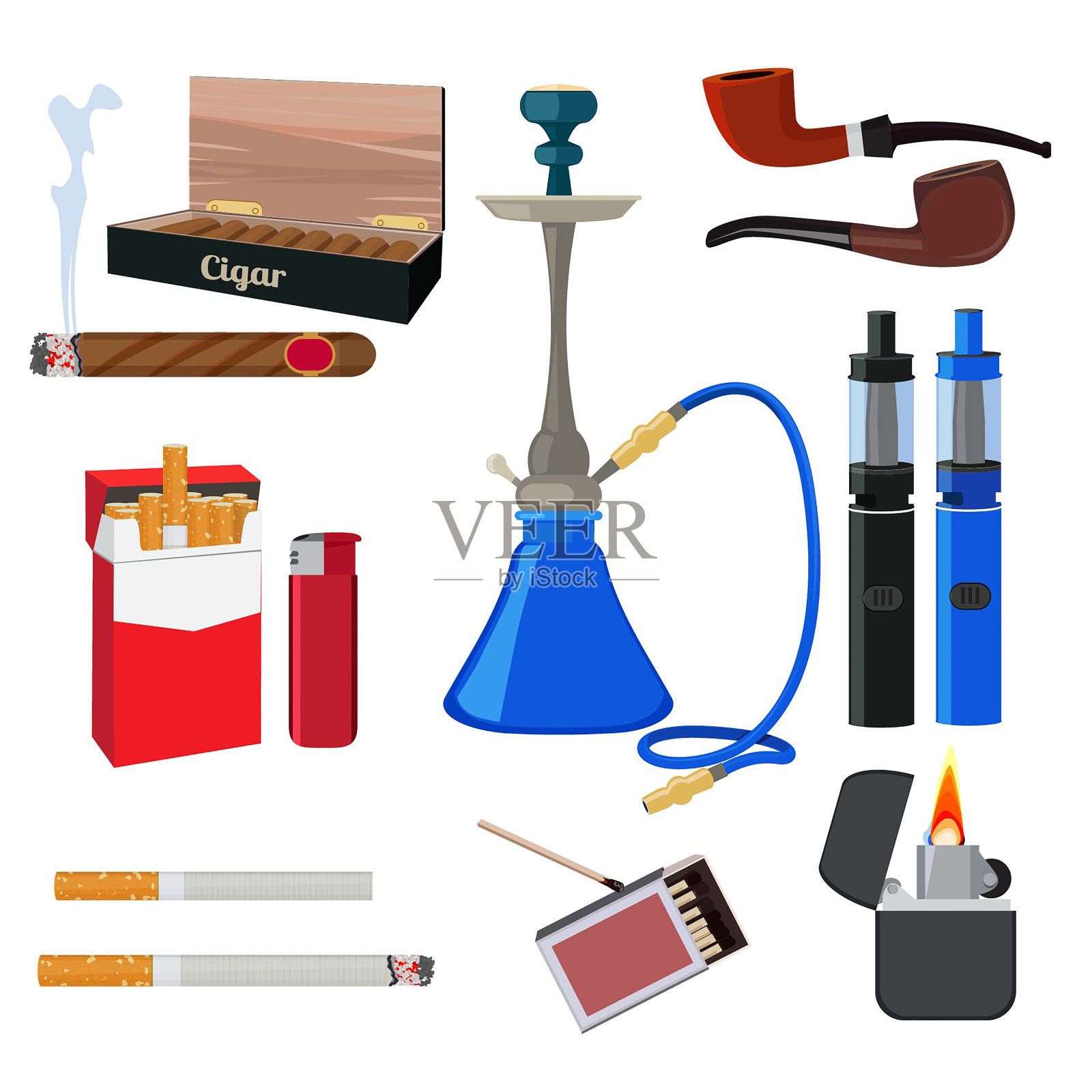 水烟、烟草、香烟等不同的吸烟工具插画图片素材