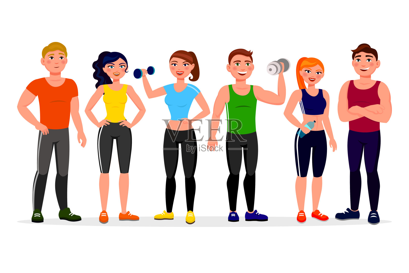 健身人矢量插图在平面设计。运动员在健身馆卡通人物孤立的白色背景。一群穿着运动服拿着哑铃的人。插画图片素材