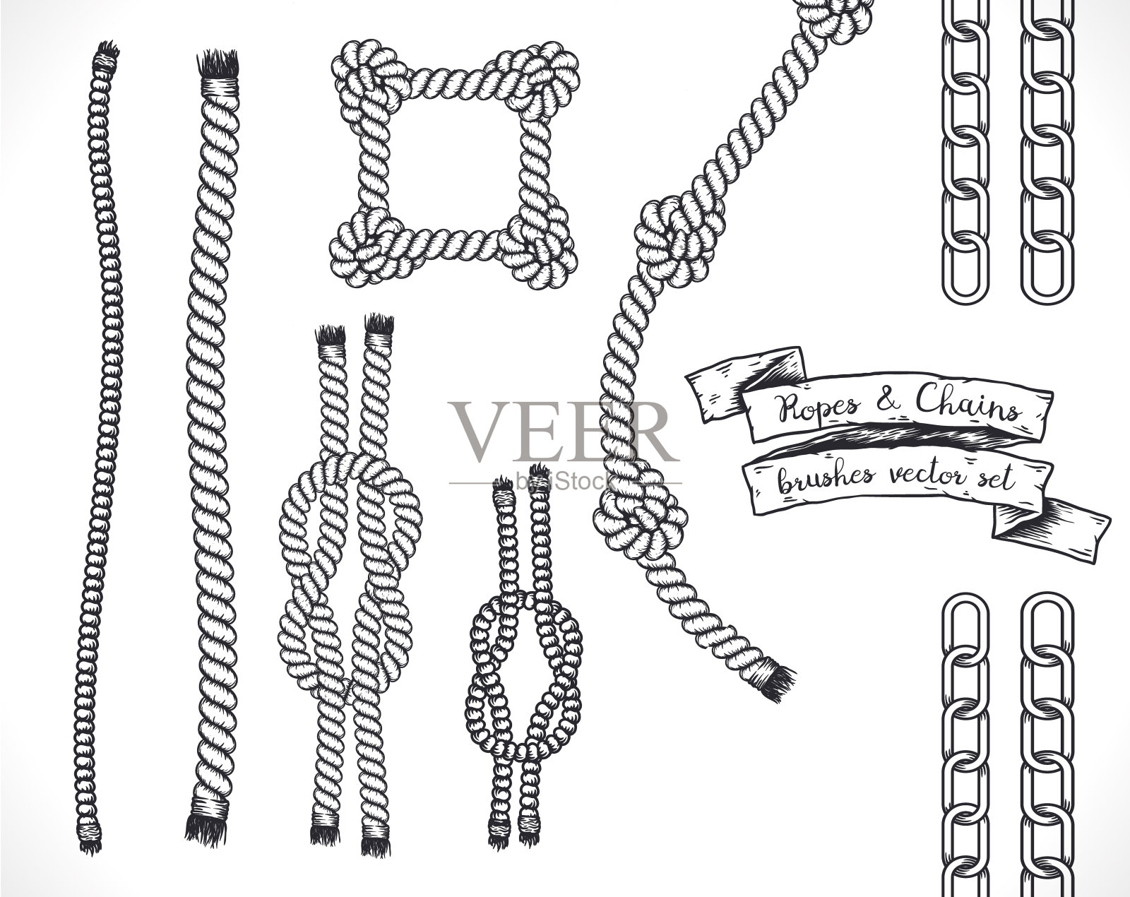 一套手绘可编辑的绳索和链条刷子。插画图片素材