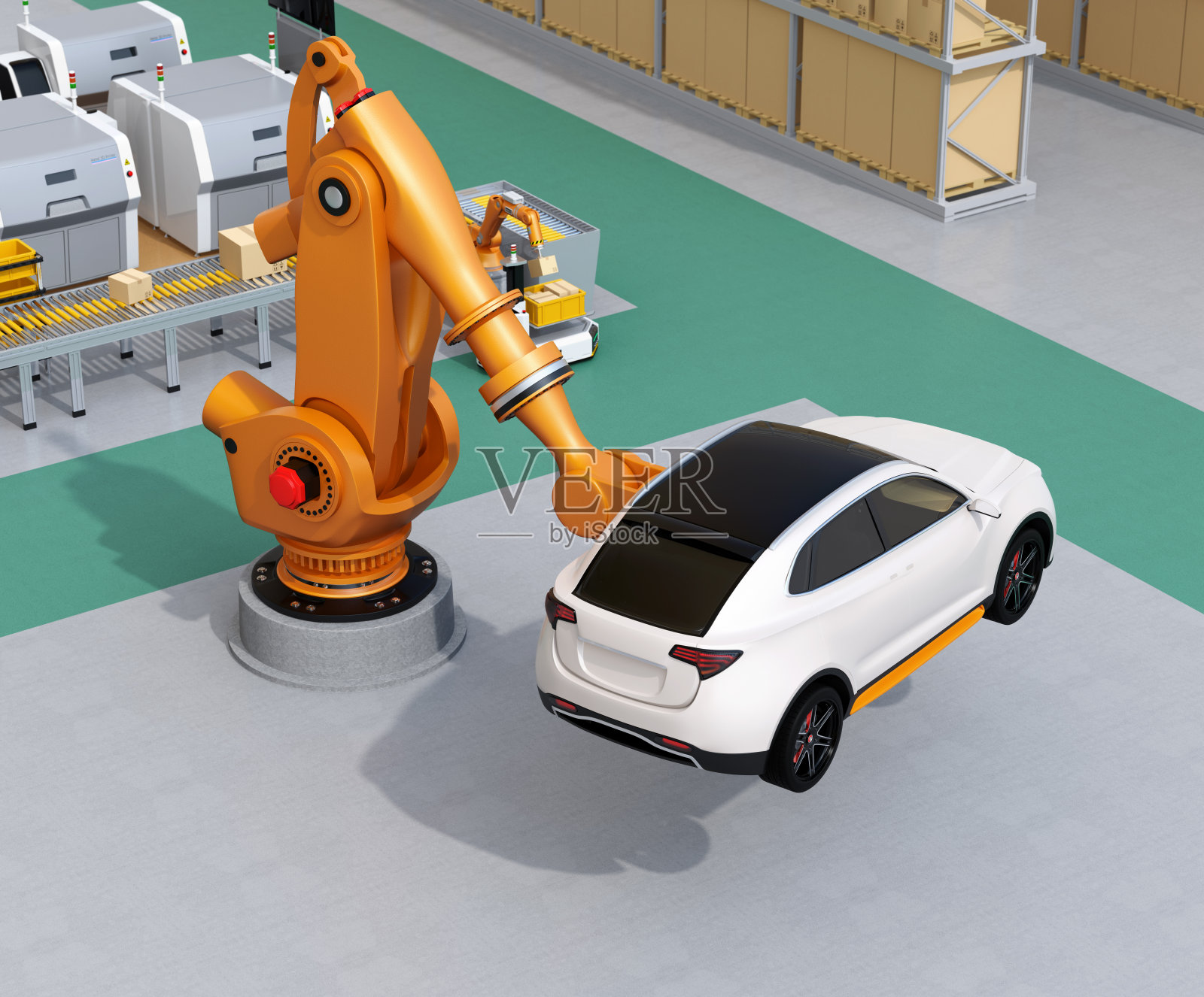 橙色重量级机器人手臂搭载白色SUV在装配厂照片摄影图片