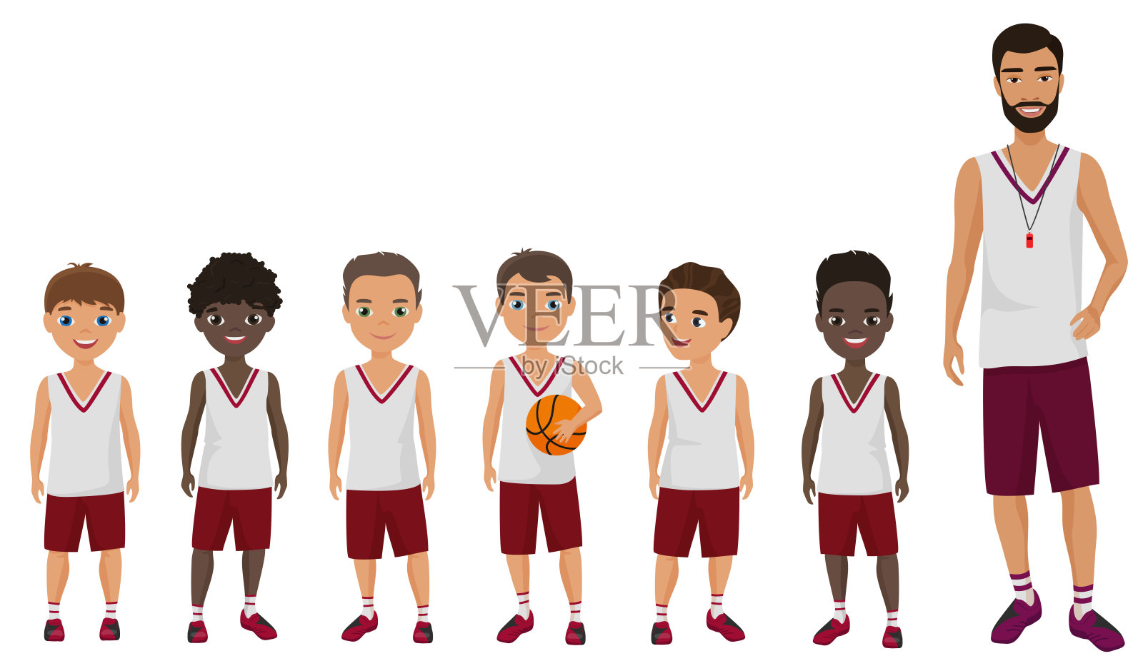 矢量卡通平校男生篮球队与他们的教练教练站在一起。插画图片素材