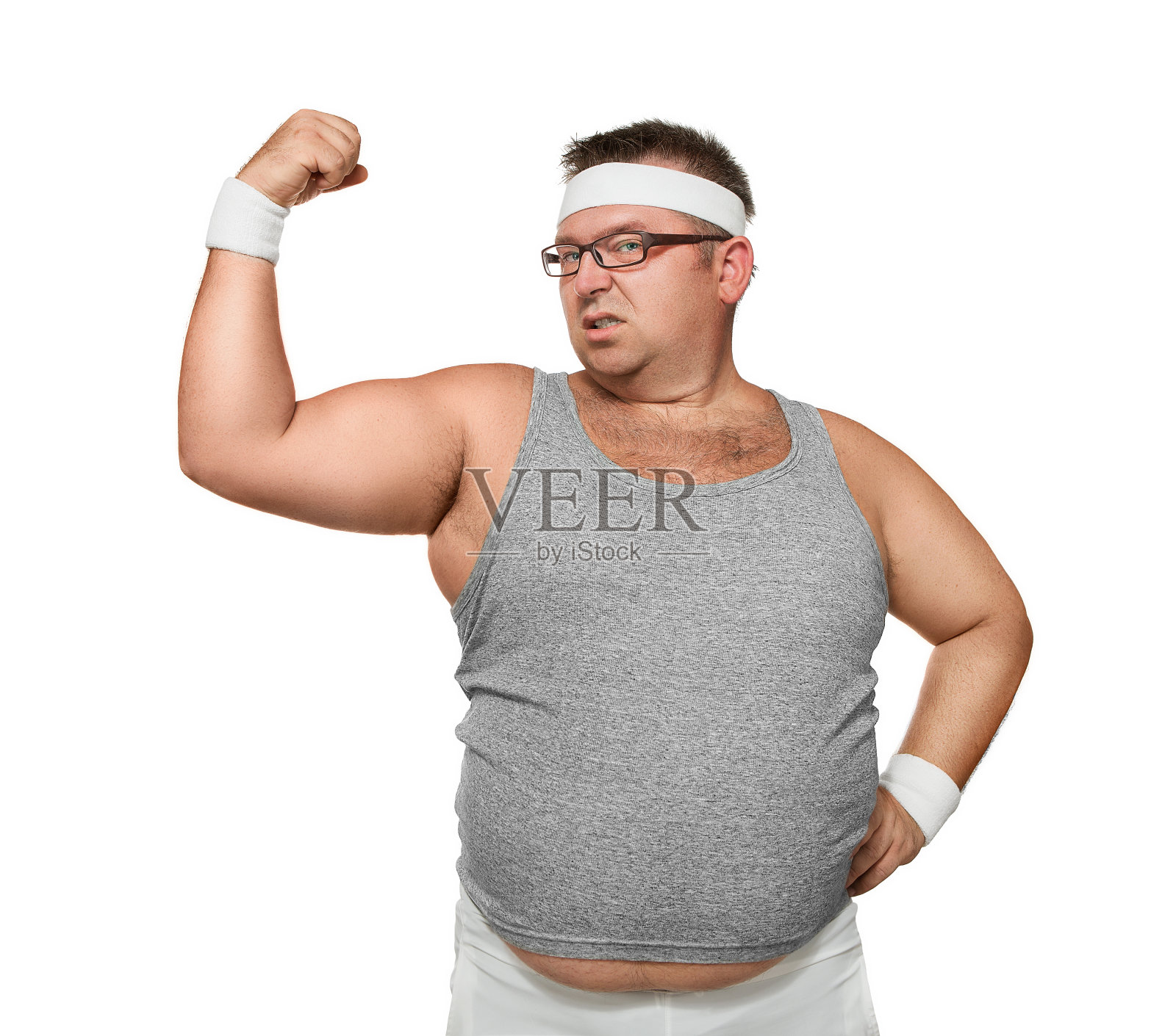 有趣的超重男子显示肌肉照片摄影图片