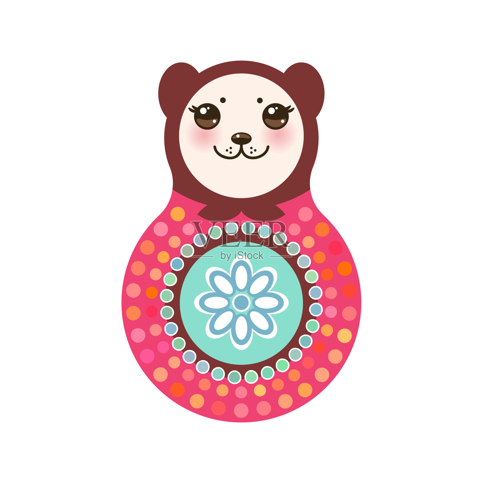 白色背景，粉红色和蓝色的俄罗斯套娃熊。向量插画图片素材