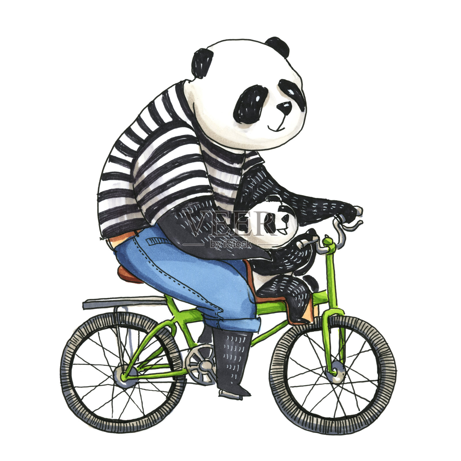 水彩和标记插图。熊猫爸爸穿着黑白t恤和他的小熊猫骑着自行车插画图片素材