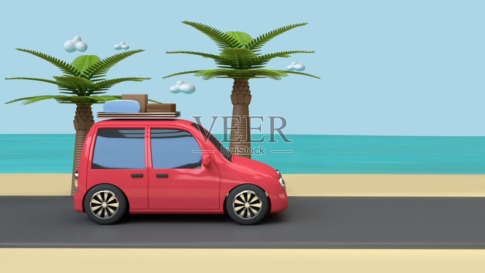 红色汽车旅行的道路海滩蓝色的天空海与椰子树卡通风格的3d渲染，度假旅游的夏季概念照片摄影图片