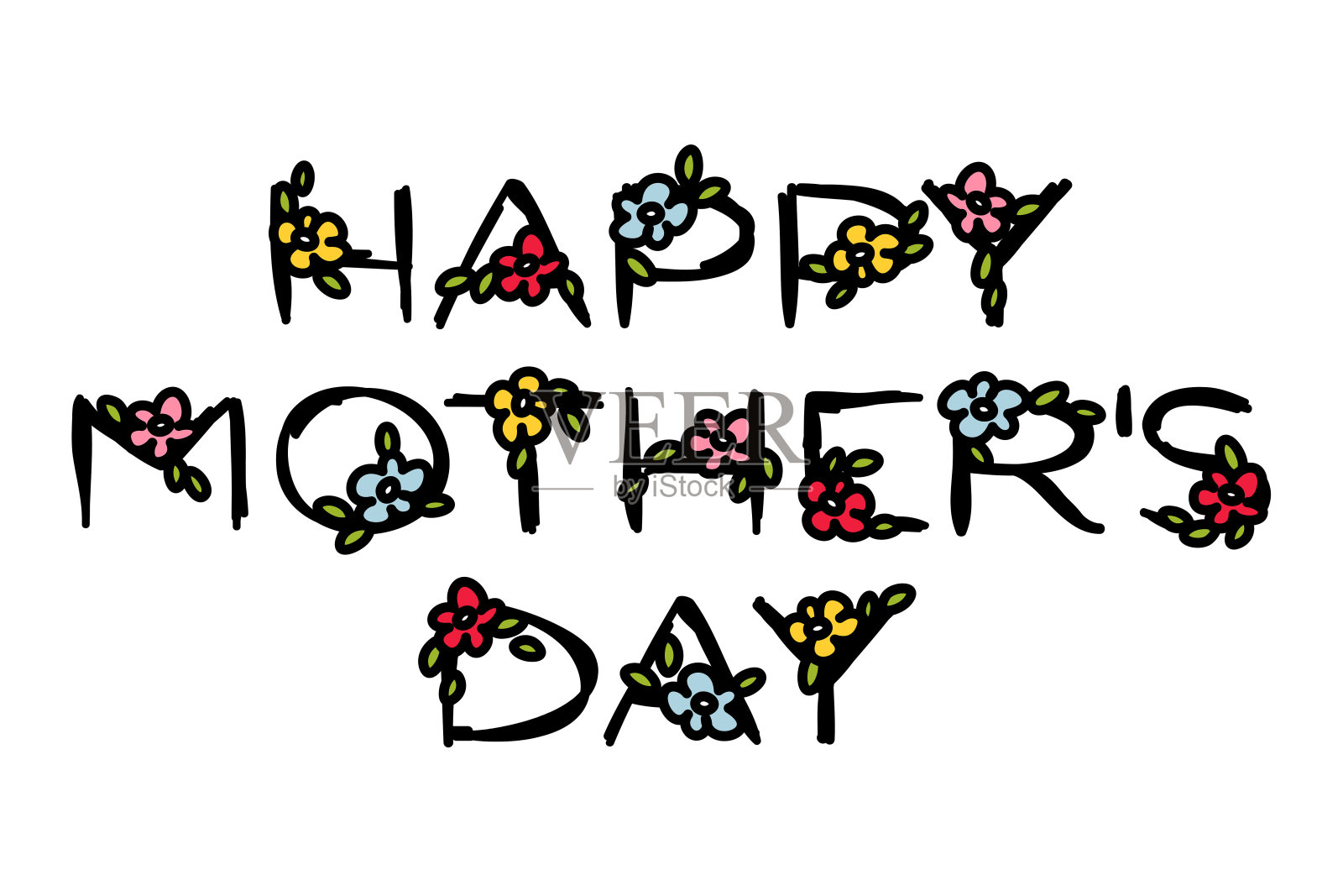 母亲节快乐和可爱的花在白色的字母设计元素图片