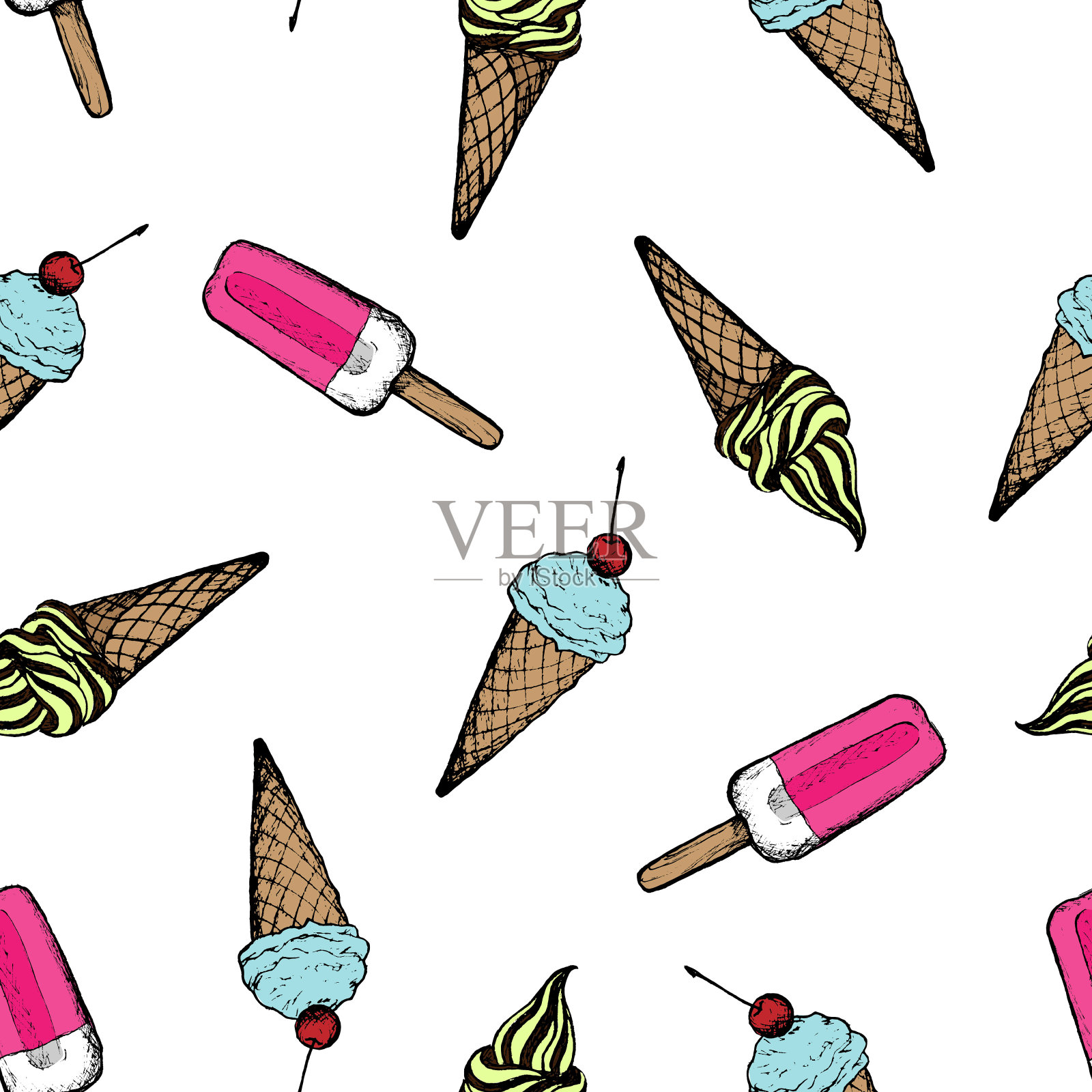 甜点-彩色无缝图案手绘冰淇淋插画图片素材