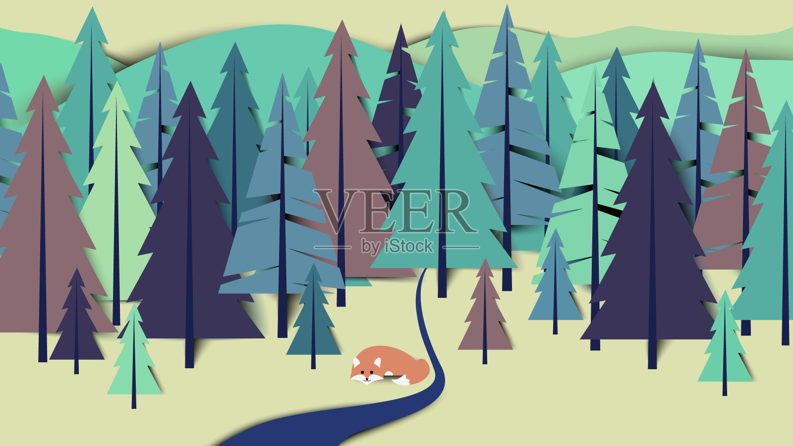 狐狸躺在河边的松林景观中，纸艺/剪纸风格插画图片素材