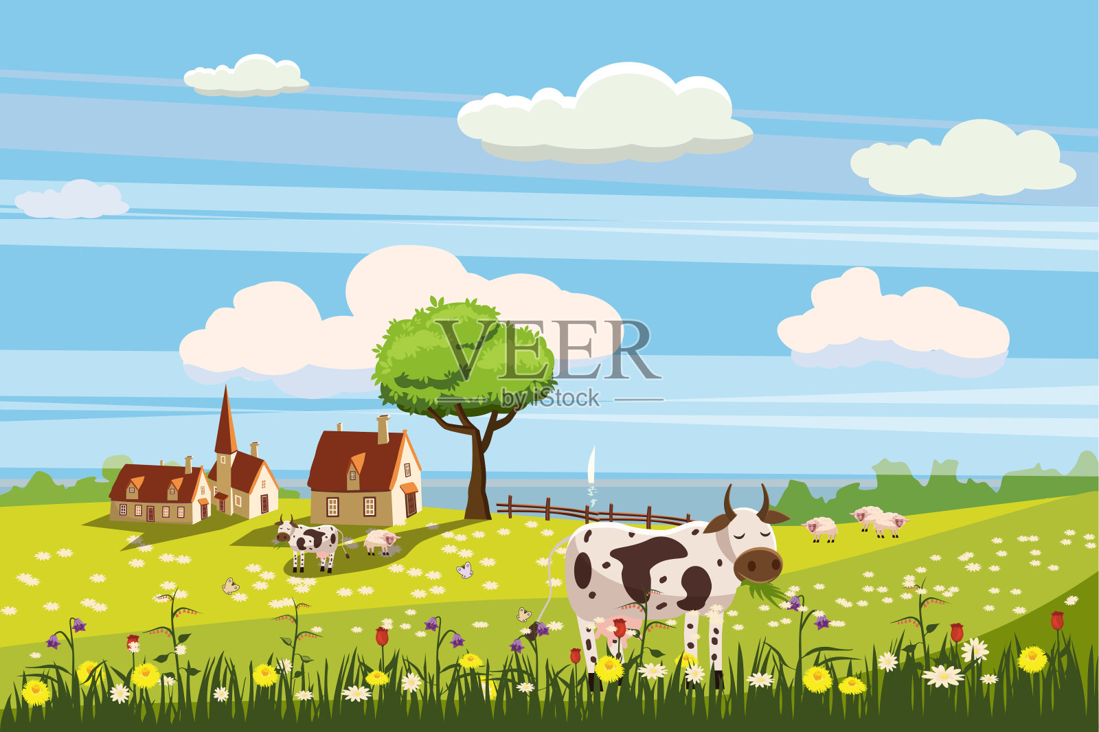 可爱的乡村景观，奶牛放牧，农场，鲜花，牧场，卡通风格，矢量插图插画图片素材
