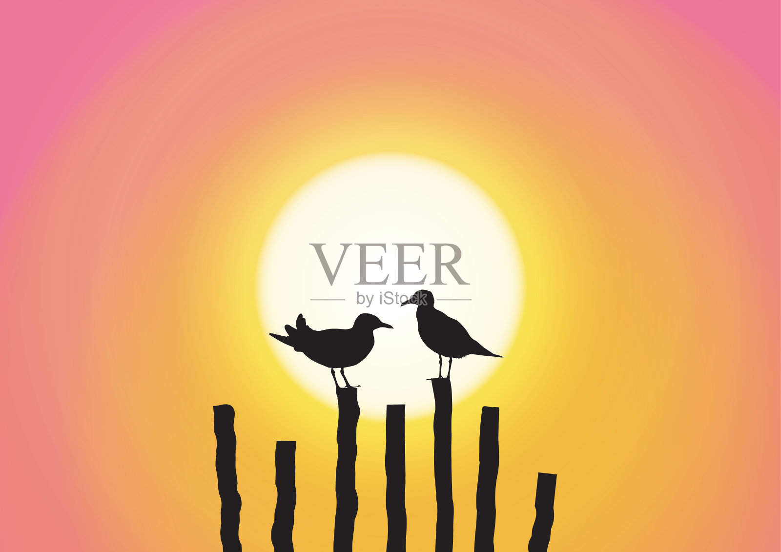 两个海鸥的剪影坐在木材上甜美的日落背景矢量插图插画图片素材