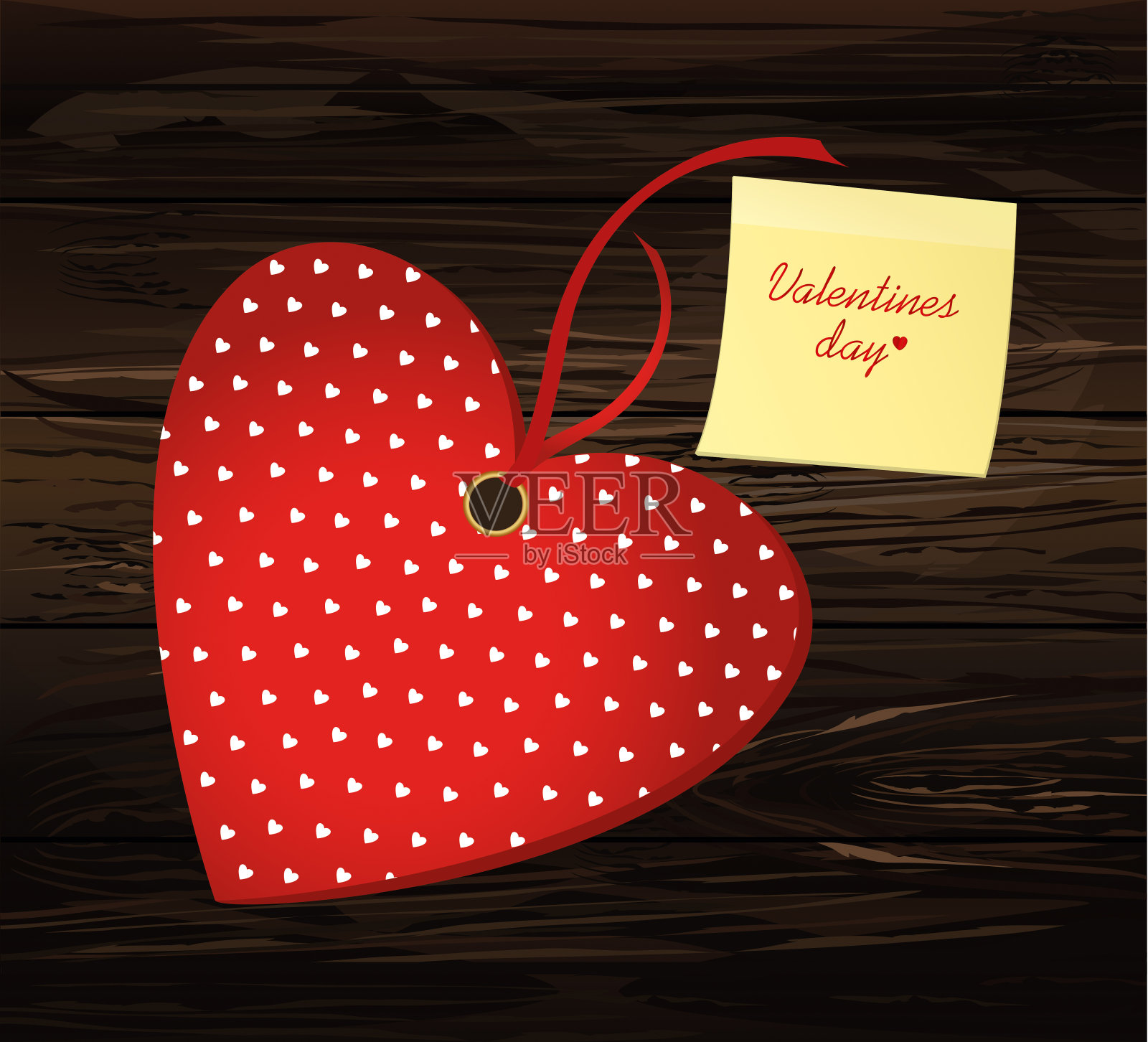 红色的心带蝴蝶结和丝带。黄色的便条纸。贴纸。情人节。矢量插图。贺卡与空白的文字或广告。木制背景插画图片素材