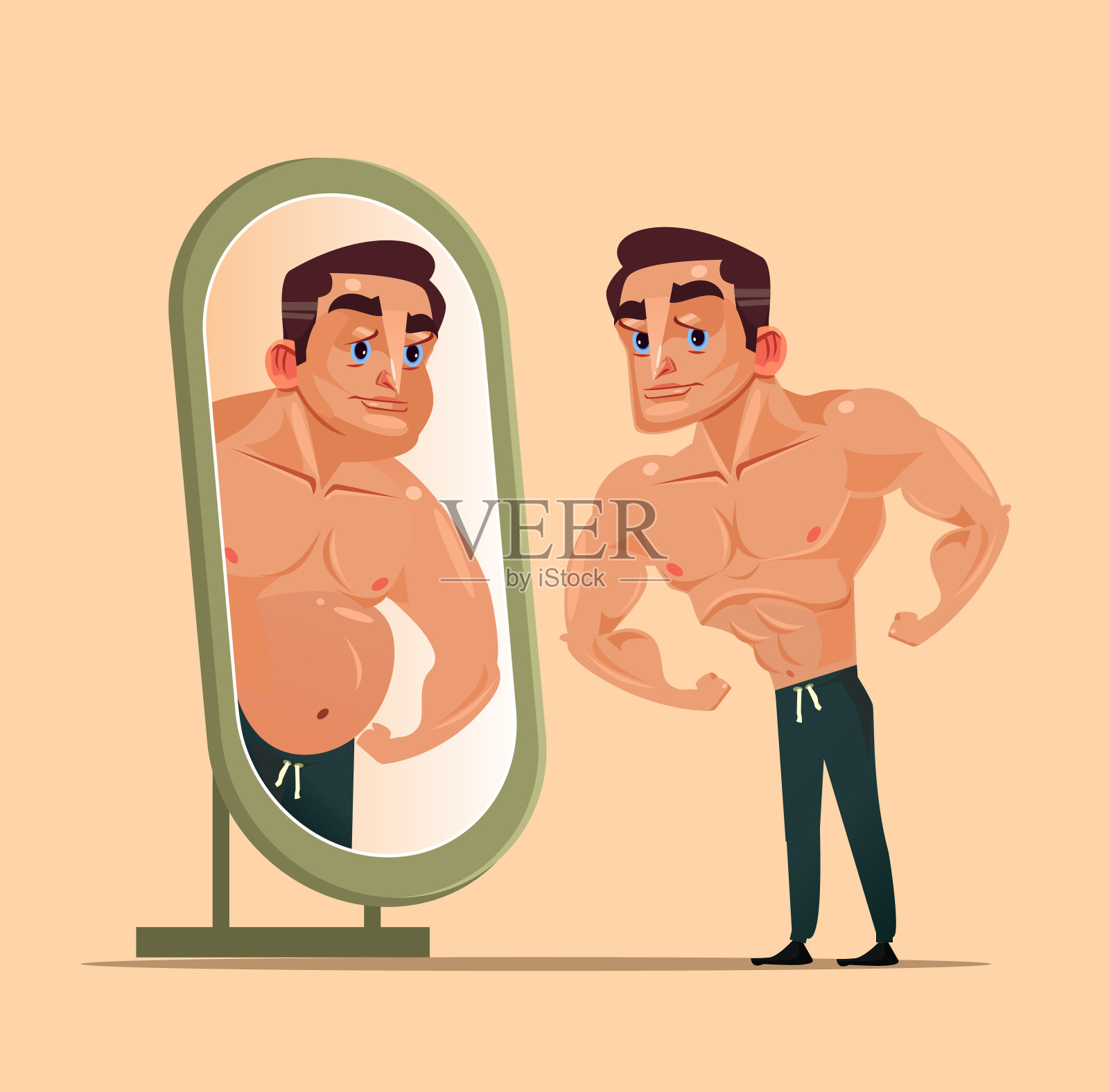 英俊强壮的男人性格照镜子，把自己看成胖子。低估改造锻炼自己和痴迷假装的概念。矢量平面卡通孤立的插图插画图片素材