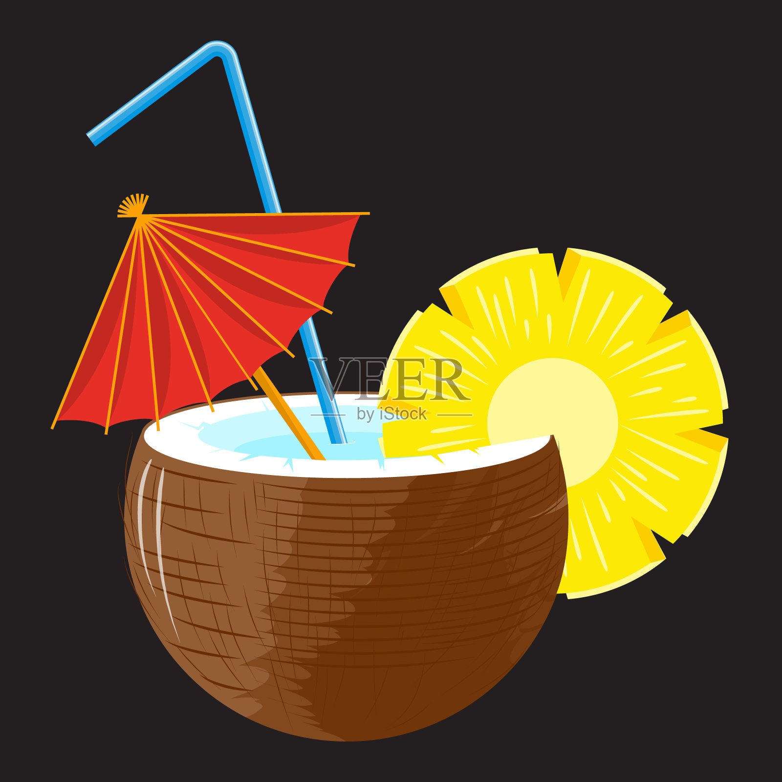椰汁鸡尾酒，菠萝片，红伞和稻草在黑色的背景。向量。插画图片素材