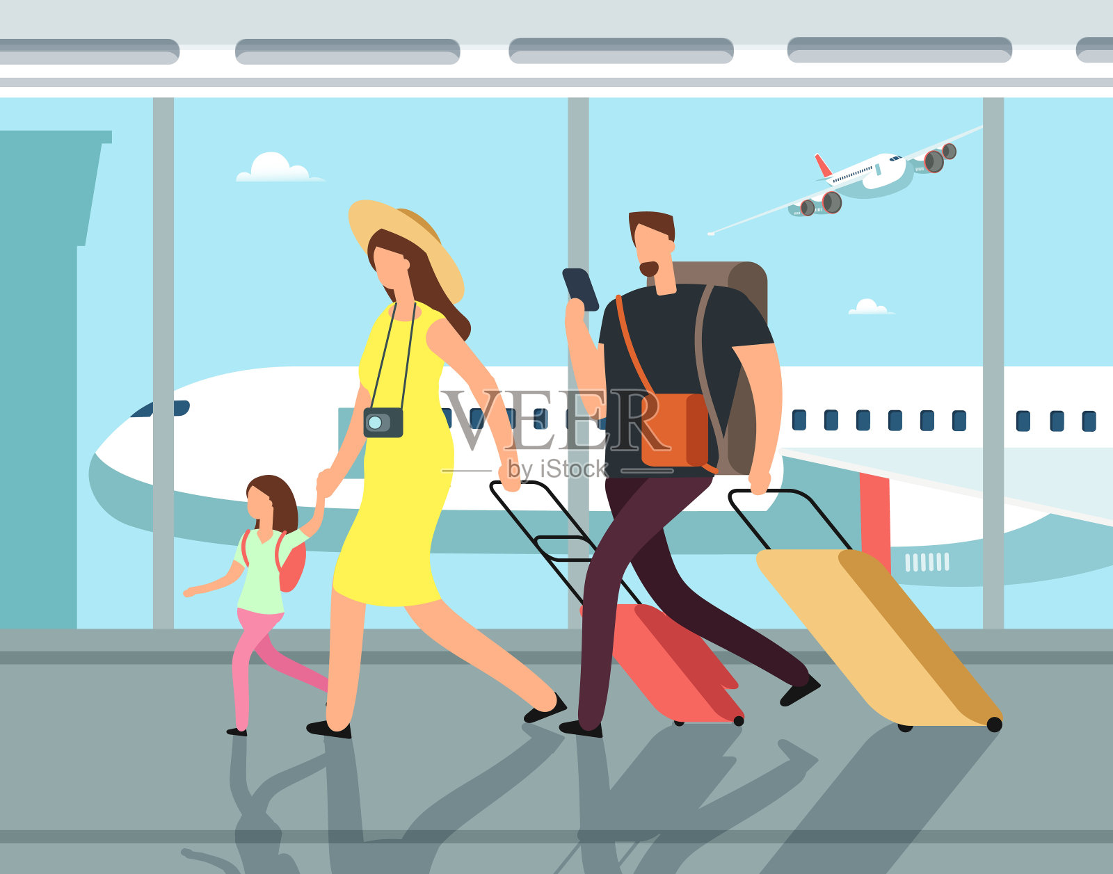 带着行李在机场候机厅旅行的家人。人们对假期矢量卡通概念插画图片素材