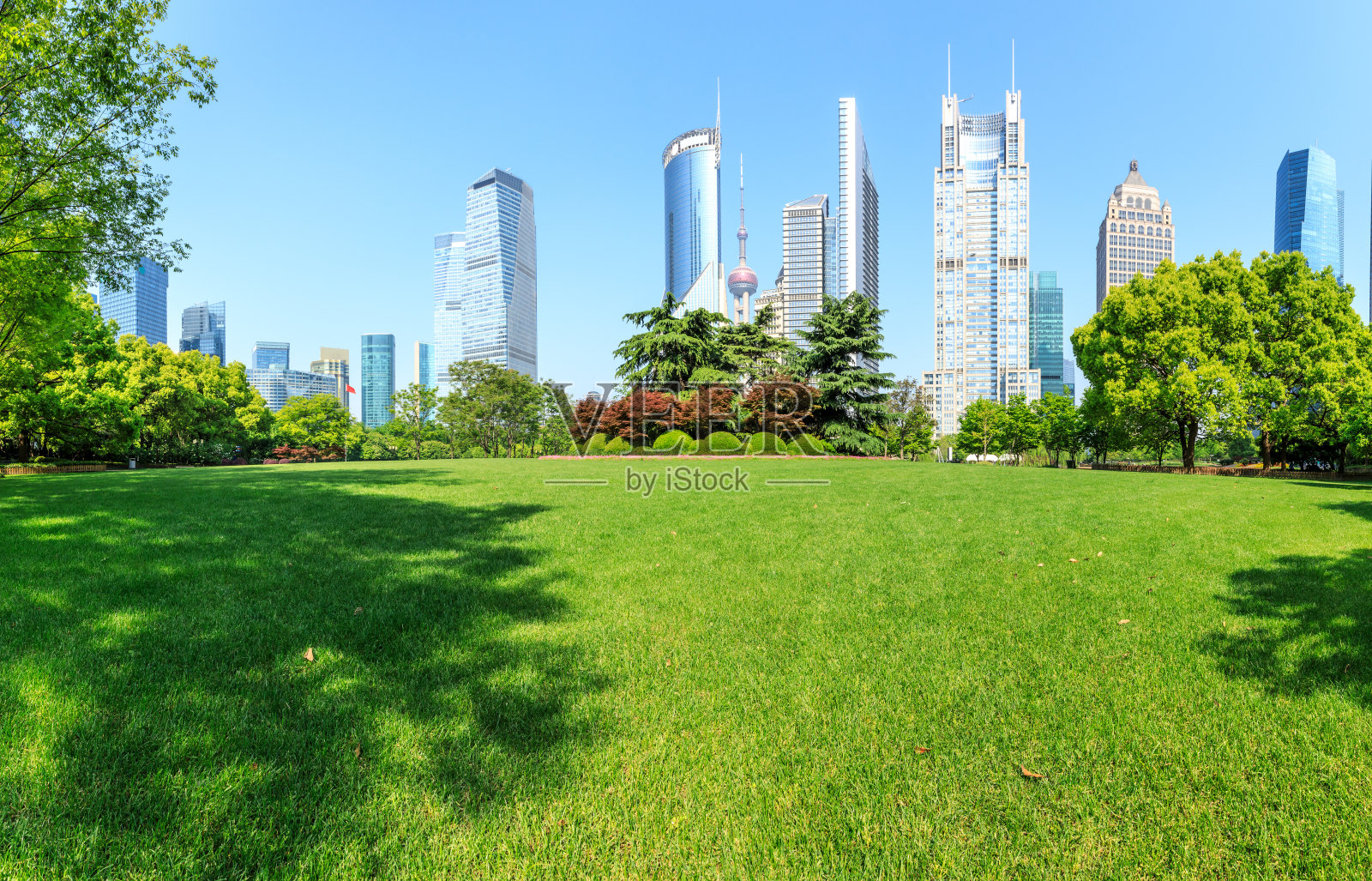 以现代商业建筑为背景的上海城市公园照片摄影图片