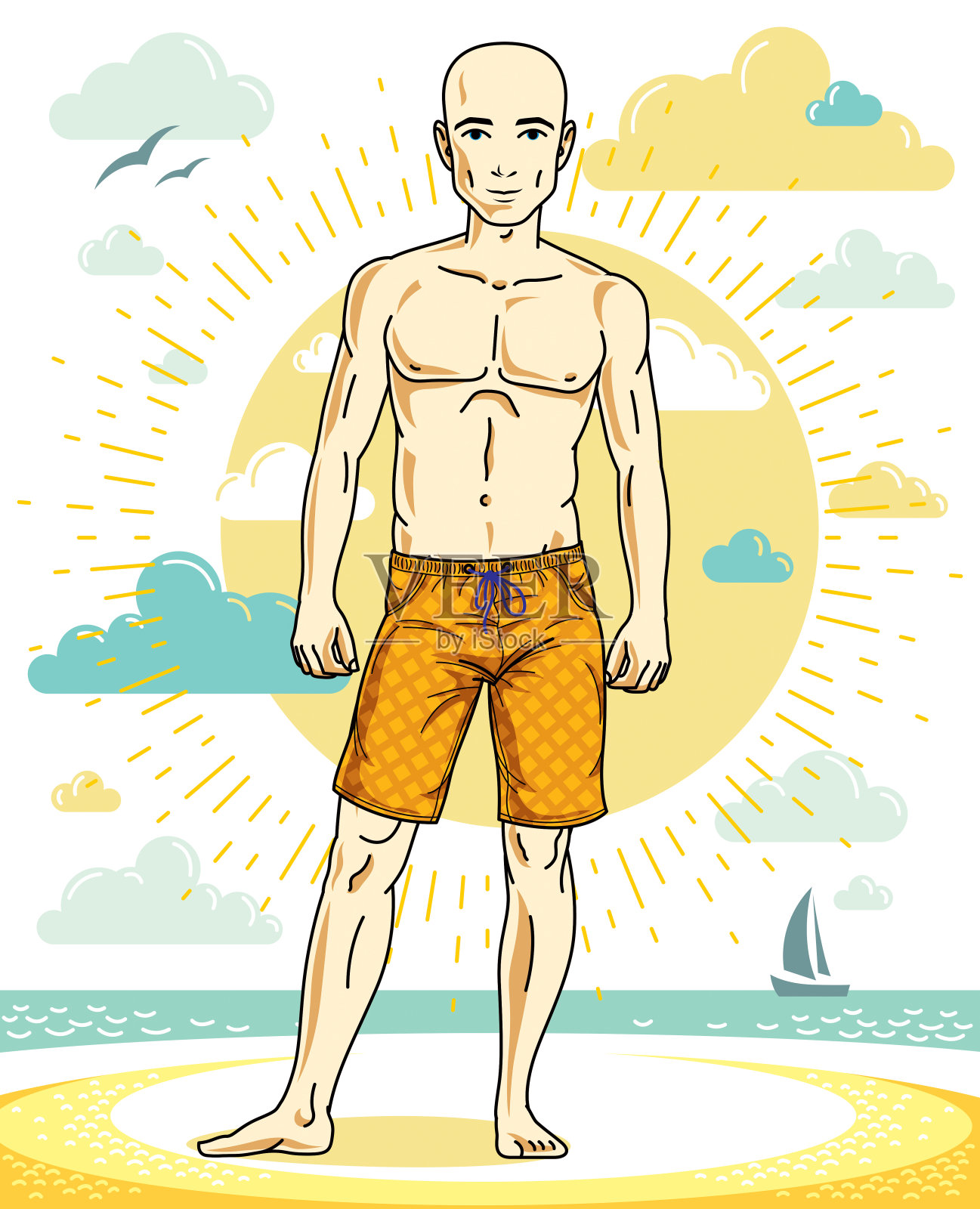 英俊的秃头男人摆姿势在热带海滩上五颜六色的短裤。向量的性格。暑假的主题。插画图片素材