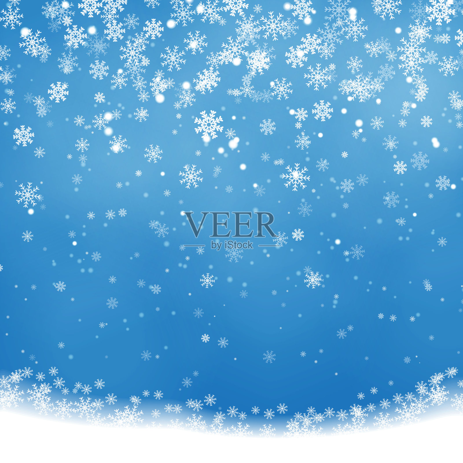 飘落的圣诞闪亮，透明美丽的雪孤立在蓝色的背景。雪花,降雪。雪花向量。矢量插图。时尚装饰为您的设计。插画图片素材