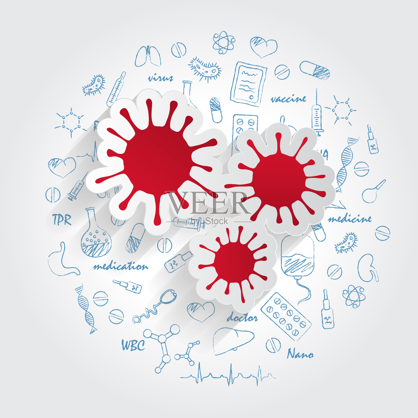 医学专业的图标。病毒学和病毒概念。矢量插图与手绘医学涂鸦插画图片素材