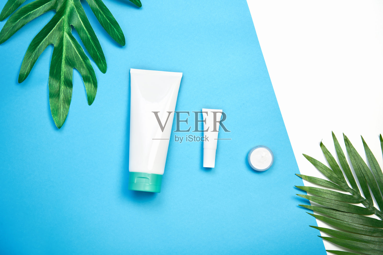 化妆品膏霜瓶模型，空白标签包装和成分在一个绿叶背景。天然美容产品的概念。照片摄影图片