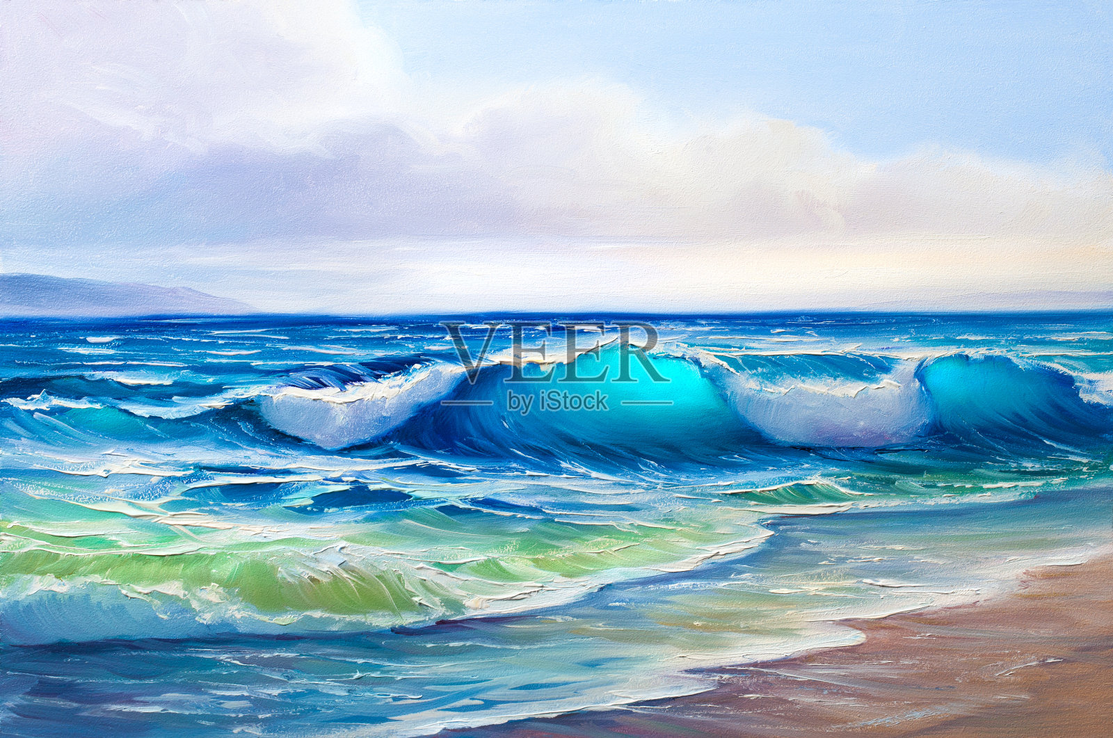 波涛汹涌的大海，蔚蓝的天空，沙质的海岸线插画图片素材