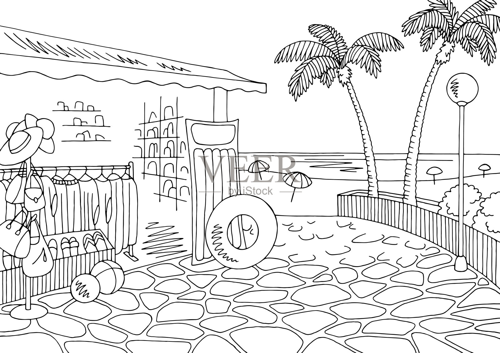 海滩商店图形黑白城市景观素描插图矢量插画图片素材