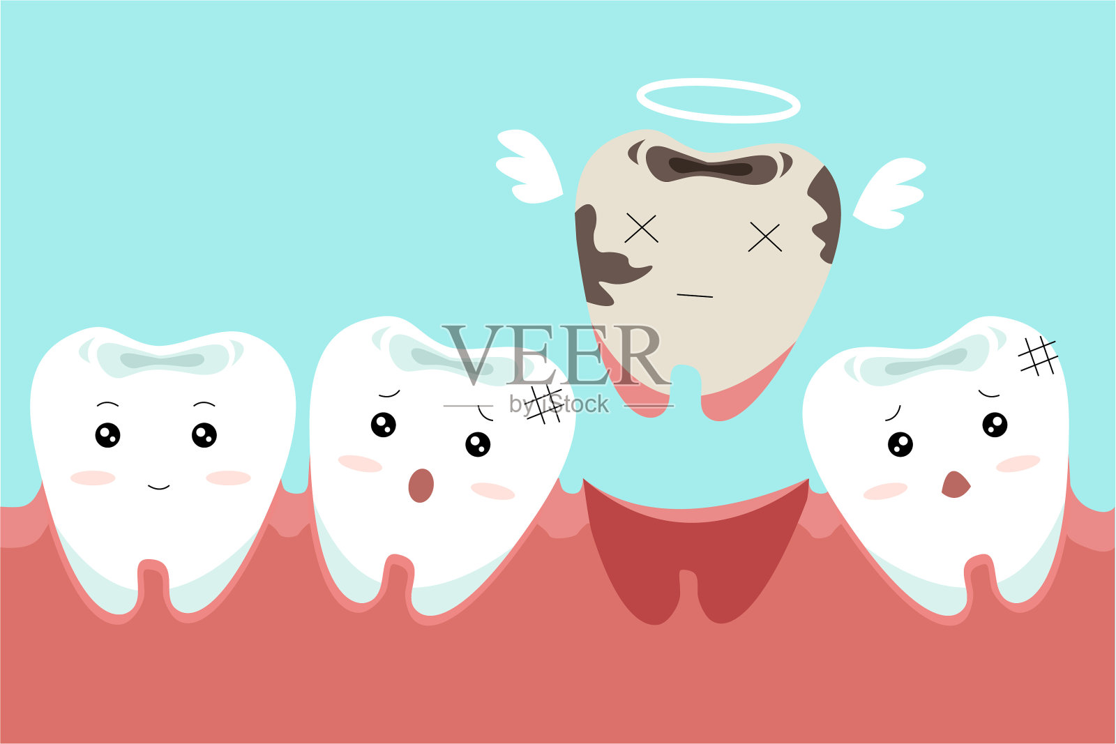 牙齿卡通缺牙。可爱卡通牙科护理理念。插图孤立在蓝色背景。插画图片素材